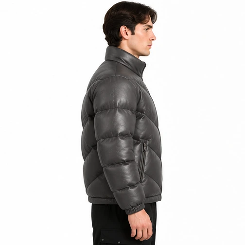 Men's Graphite Chevron Sheep Leather Puffer Jacket manufacturing detail 4