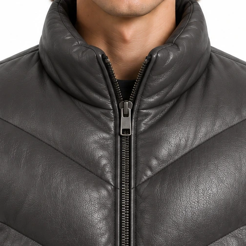 Men's Graphite Chevron Sheep Leather Puffer Jacket manufacturing detail 5