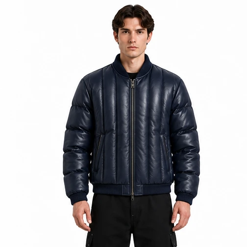 Men's Midnight Blue Channel-Quilted Leather Puffer Bomber - Custom Leather Manufacturer Sialkot Pakistan