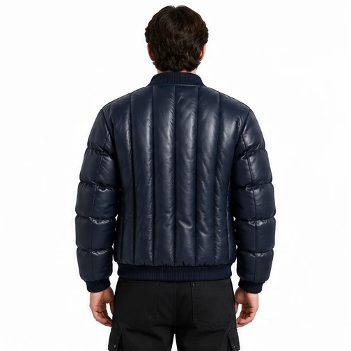 Men's Midnight Blue Channel-Quilted Leather Puffer Bomber manufacturing detail 2