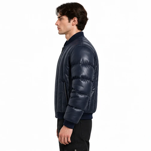 Men's Midnight Blue Channel-Quilted Leather Puffer Bomber manufacturing detail 3