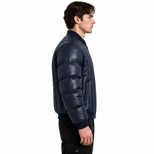 Men's Midnight Blue Channel-Quilted Leather Puffer Bomber manufacturing detail 4