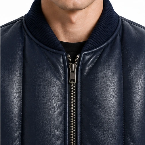 Men's Midnight Blue Channel-Quilted Leather Puffer Bomber manufacturing detail 5