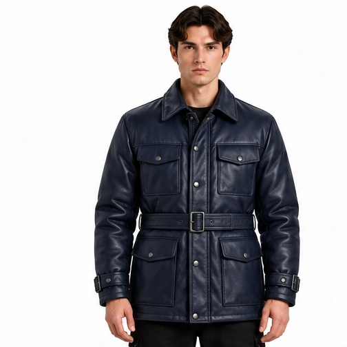 Men's Midnight Navy Belted Leather Winter Jacket - Custom Leather Manufacturer Sialkot Pakistan