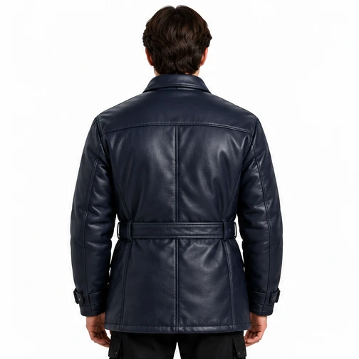 Men's Midnight Navy Belted Leather Winter Jacket manufacturing detail 2