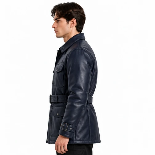 Men's Midnight Navy Belted Leather Winter Jacket manufacturing detail 3