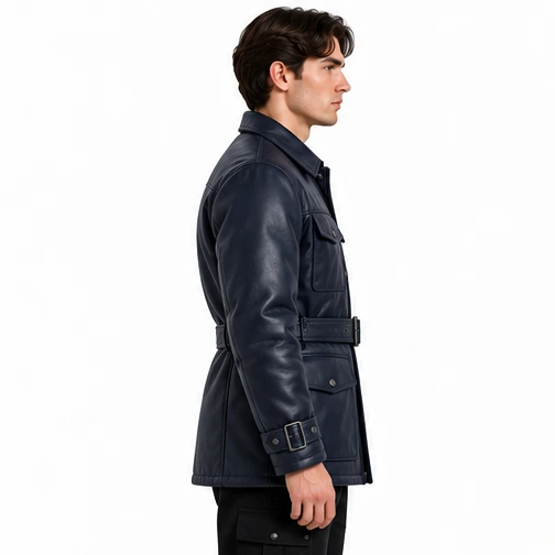 Men's Midnight Navy Belted Leather Winter Jacket manufacturing detail 4