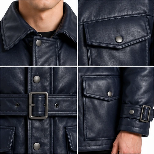 Men's Midnight Navy Belted Leather Winter Jacket manufacturing detail 5