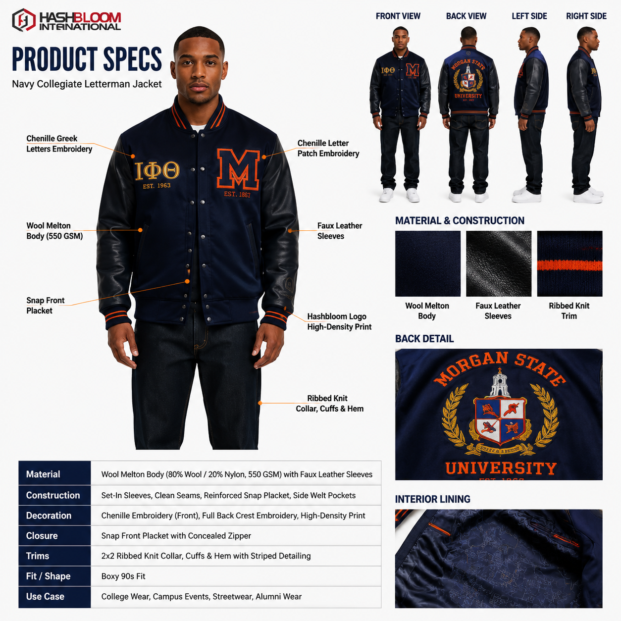 Men's Navy Collegiate Letterman Varsity Jacket manufacturing detail 5