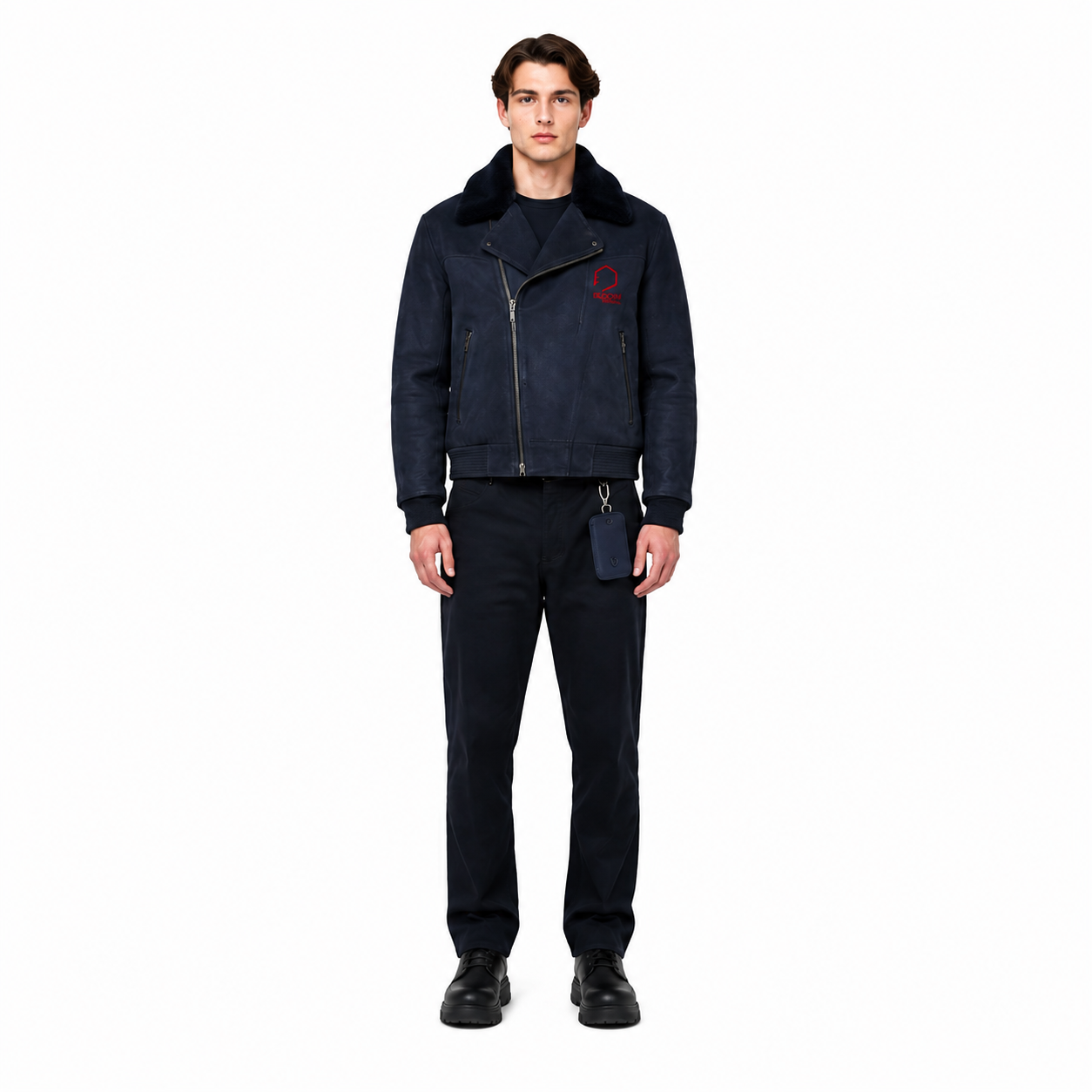 Men's Navy Lambskin Suede Shearling Aviator Bomber Jacket - Custom Leather Manufacturer Sialkot Pakistan
