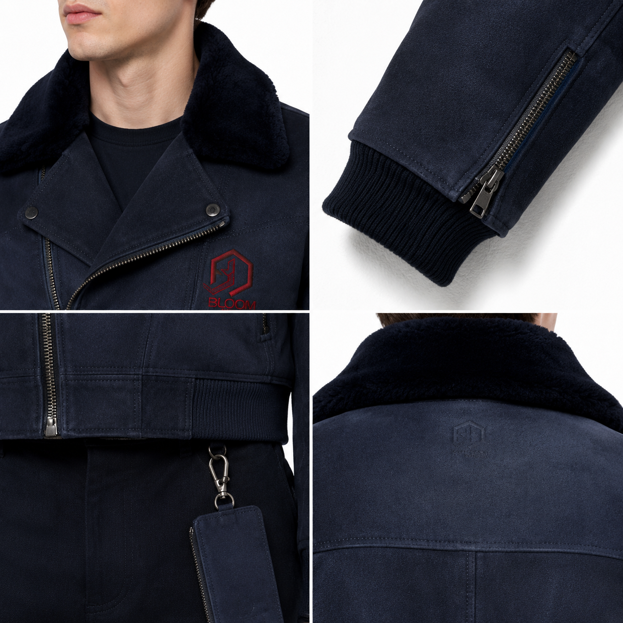 Men's Navy Lambskin Suede Shearling Aviator Bomber Jacket manufacturing detail 4