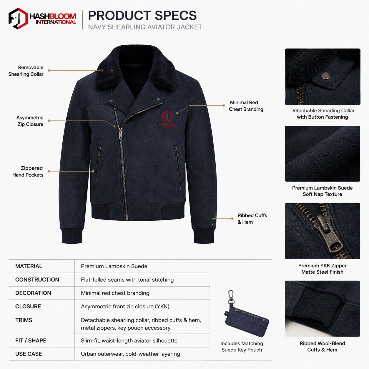 Men's Navy Lambskin Suede Shearling Aviator Bomber Jacket manufacturing detail 5