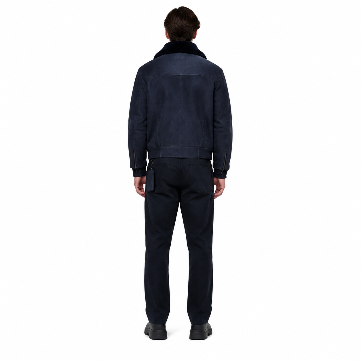 Men's Navy Lambskin Suede Shearling Aviator Bomber Jacket manufacturing detail 2