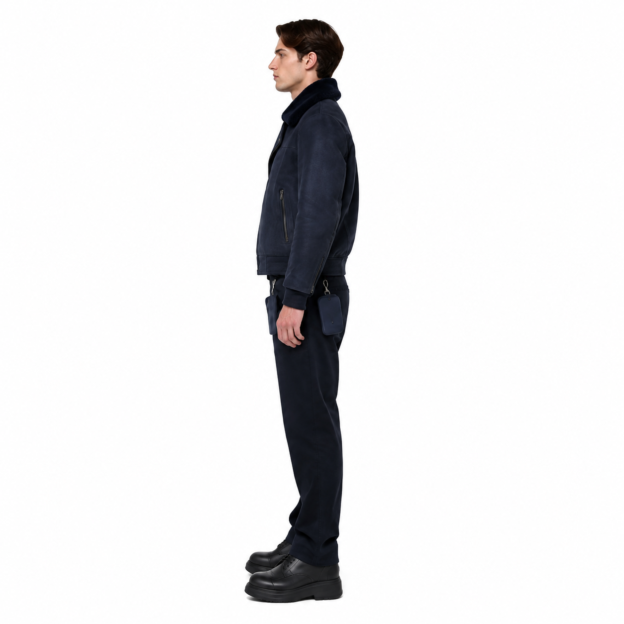 Men's Navy Lambskin Suede Shearling Aviator Bomber Jacket manufacturing detail 3