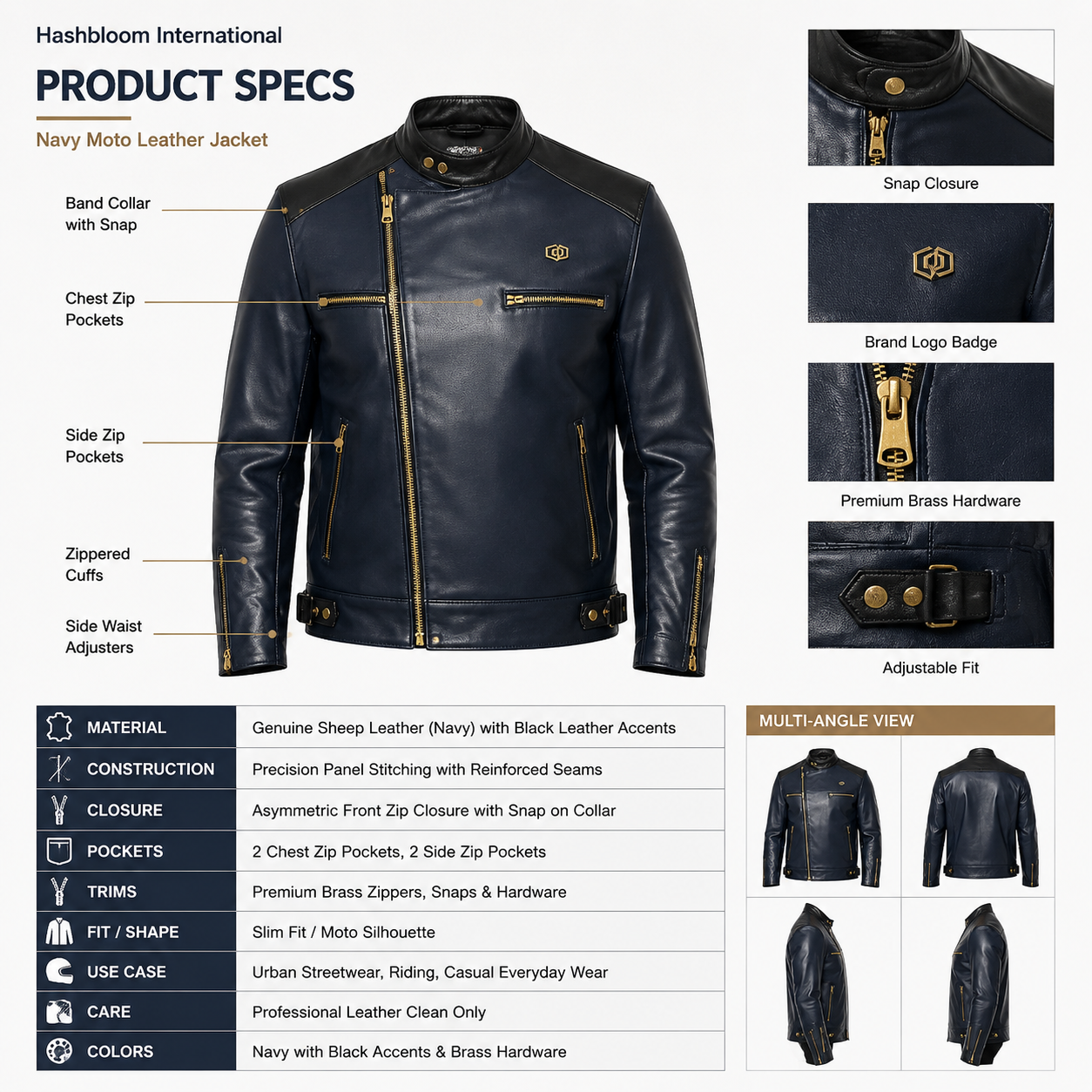 Men's Navy Sheep Leather Moto Jacket manufacturing detail 5