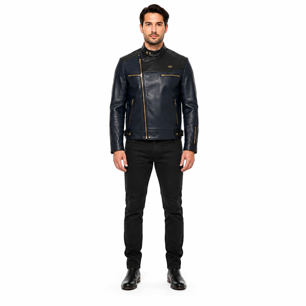 Men's Navy Sheep Leather Moto Jacket - Custom Leather Manufacturer Sialkot Pakistan
