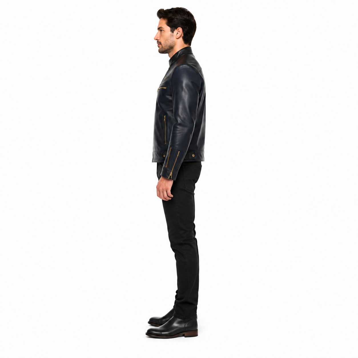 Men's Navy Sheep Leather Moto Jacket manufacturing detail 3