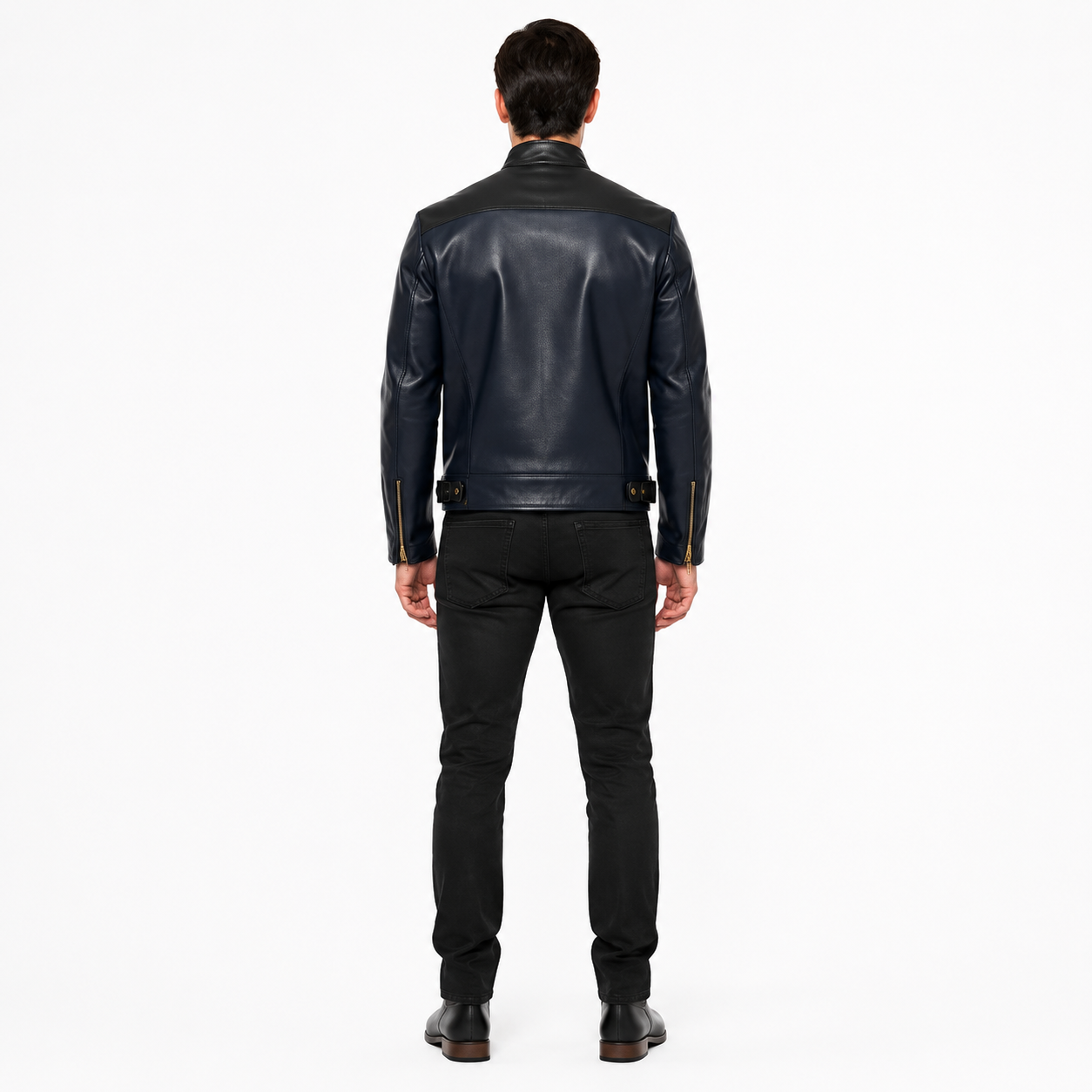 Men's Navy Sheep Leather Moto Jacket manufacturing detail 2