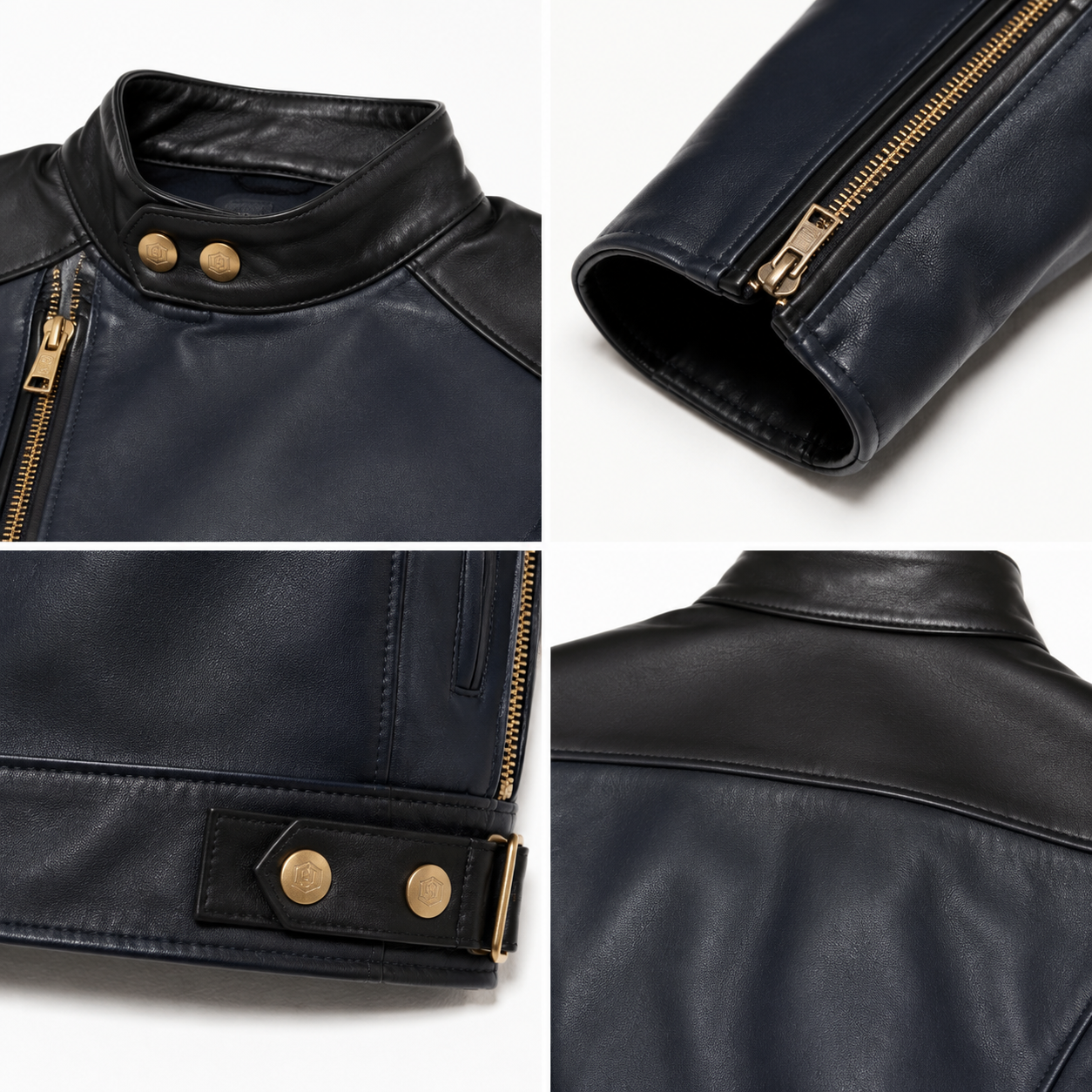 Men's Navy Sheep Leather Moto Jacket manufacturing detail 4