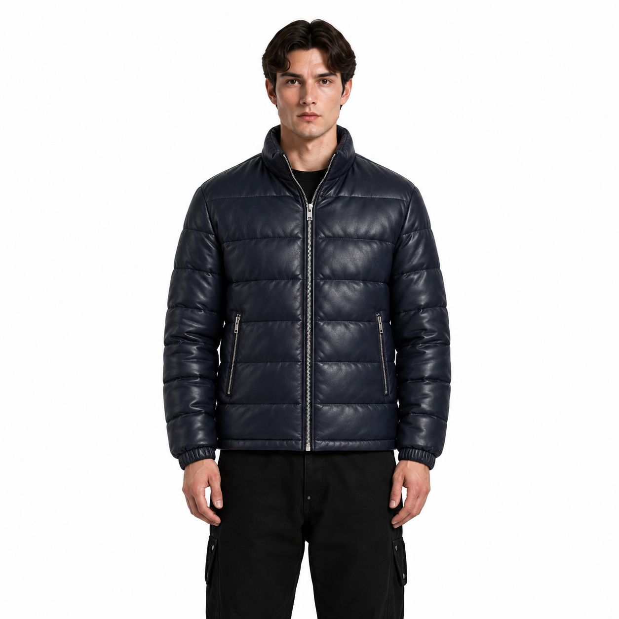Men's Navy Sheep Leather Quilted Puffer Jacket