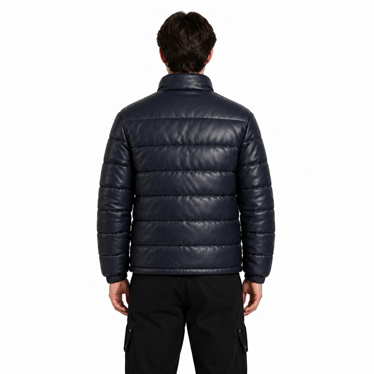 Men's Navy Sheep Leather Quilted Puffer Jacket manufacturing detail 2