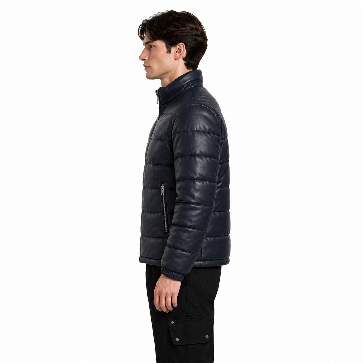 Men's Navy Sheep Leather Quilted Puffer Jacket manufacturing detail 3