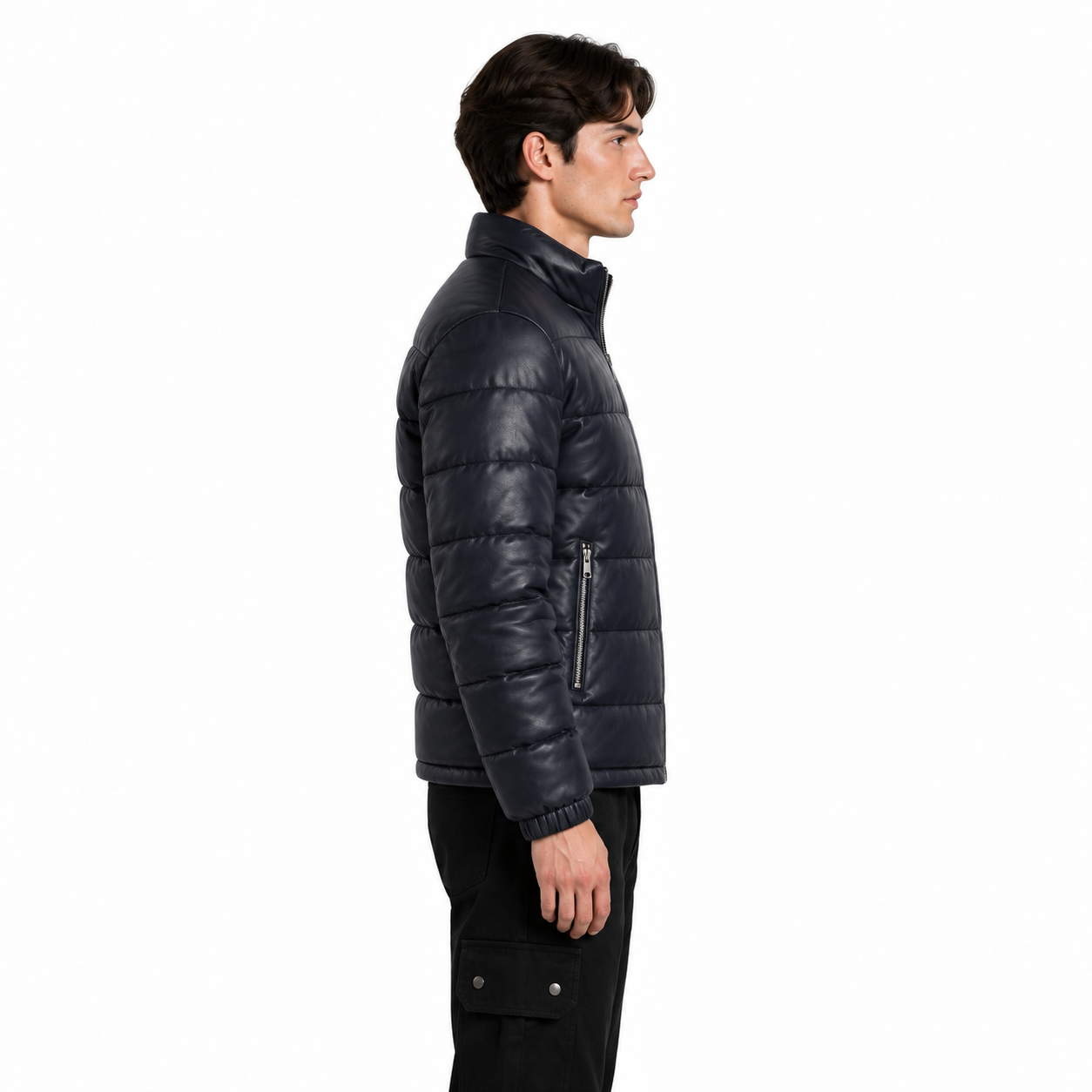Men's Navy Sheep Leather Quilted Puffer Jacket manufacturing detail 4