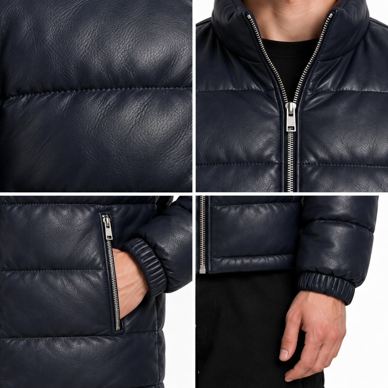 Men's Navy Sheep Leather Quilted Puffer Jacket manufacturing detail 5