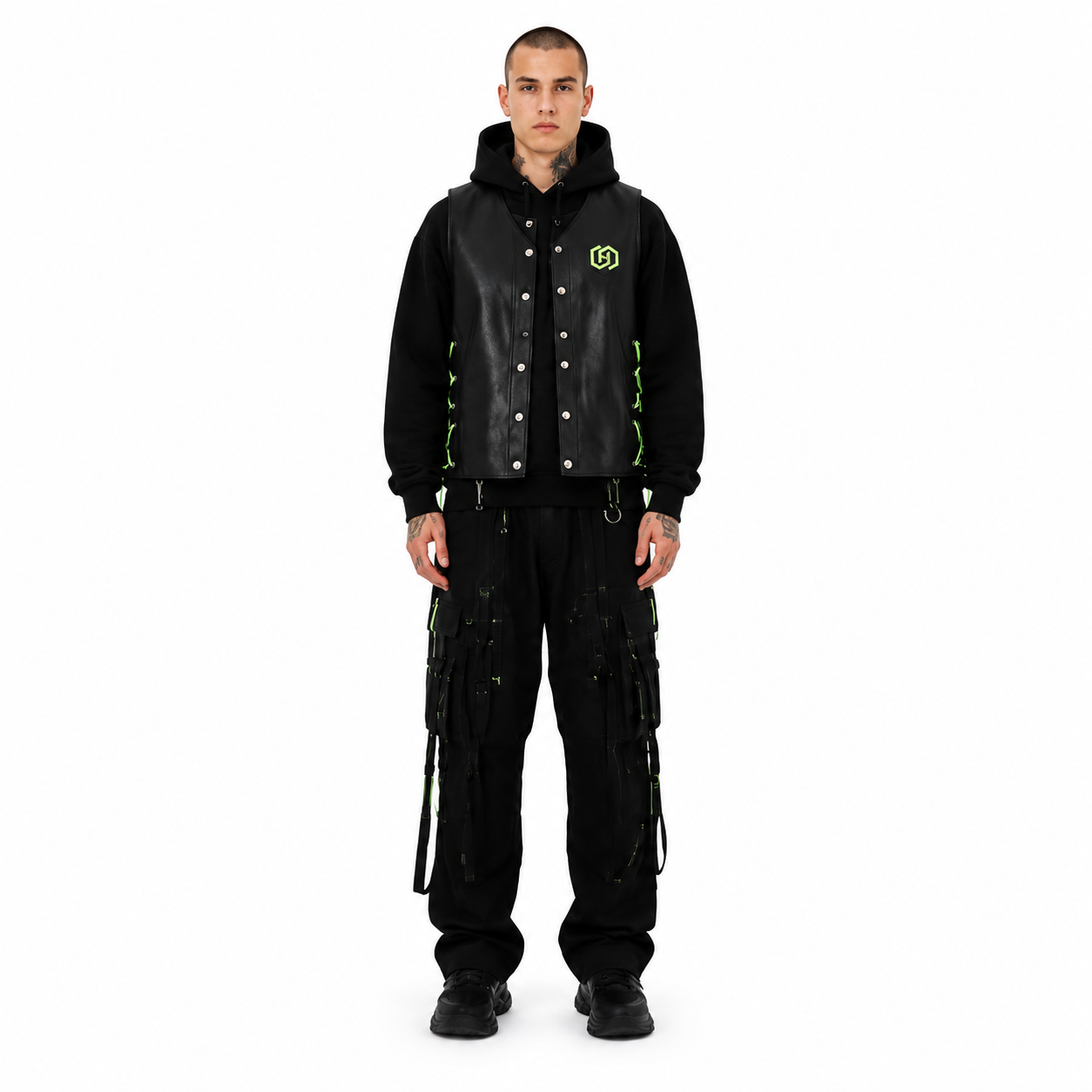 Men's Neon-Laced Cowhide Biker Vest - Custom Leather Manufacturer Sialkot Pakistan