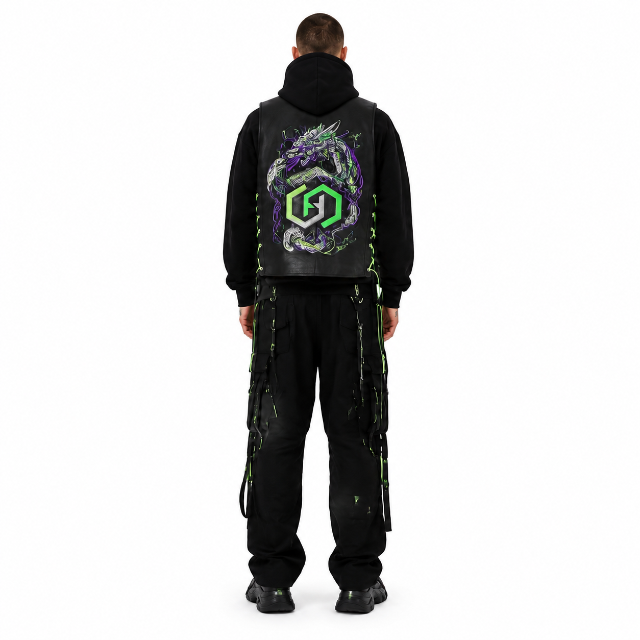 Men's Neon-Laced Cowhide Biker Vest manufacturing detail 2
