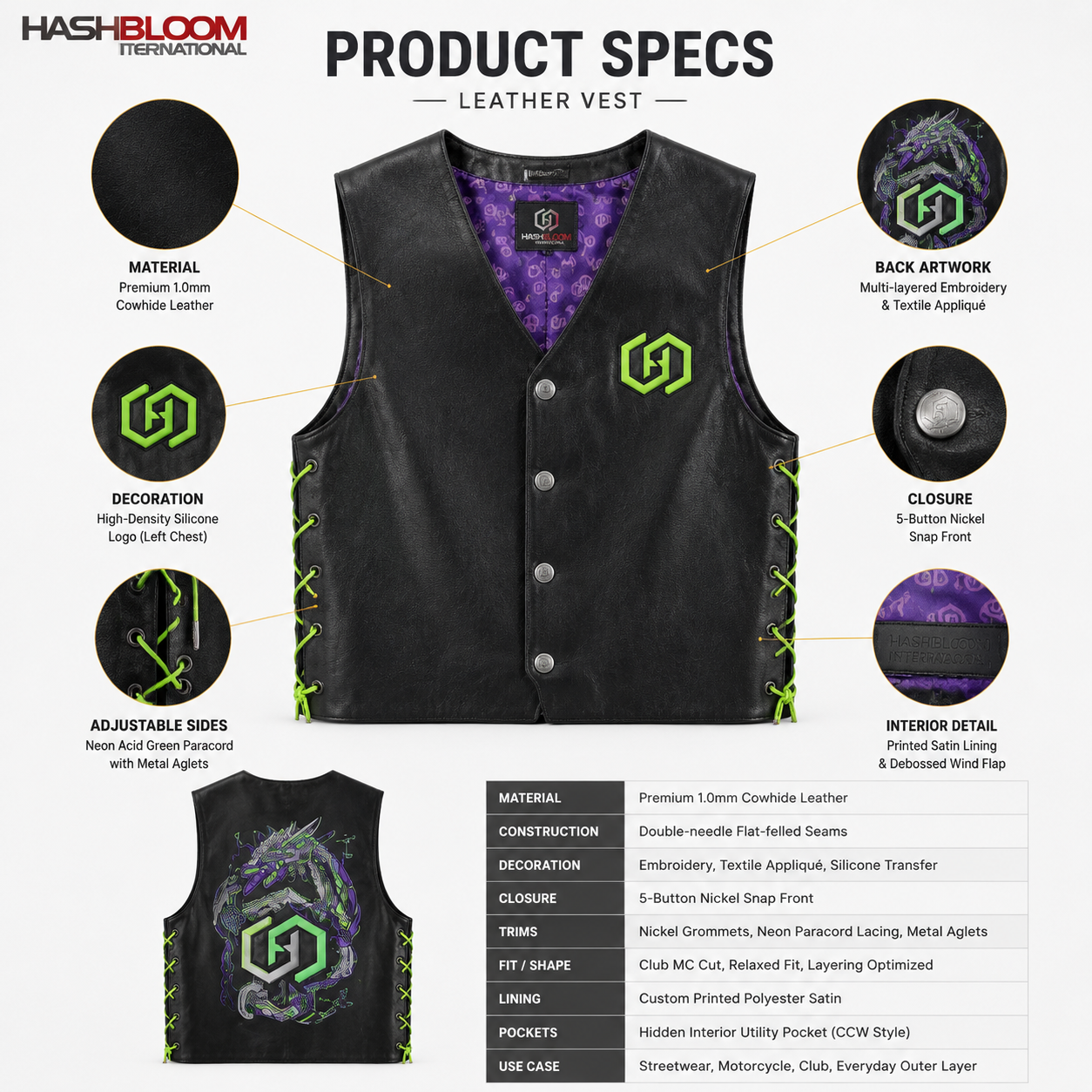 Men's Neon-Laced Cowhide Biker Vest manufacturing detail 5
