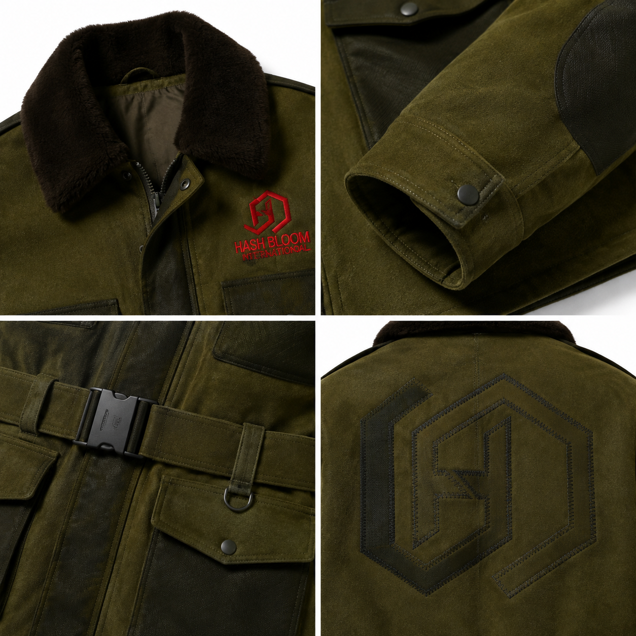 Men's Olive Goat Suede Shearling Tactical Field Jacket manufacturing detail 4
