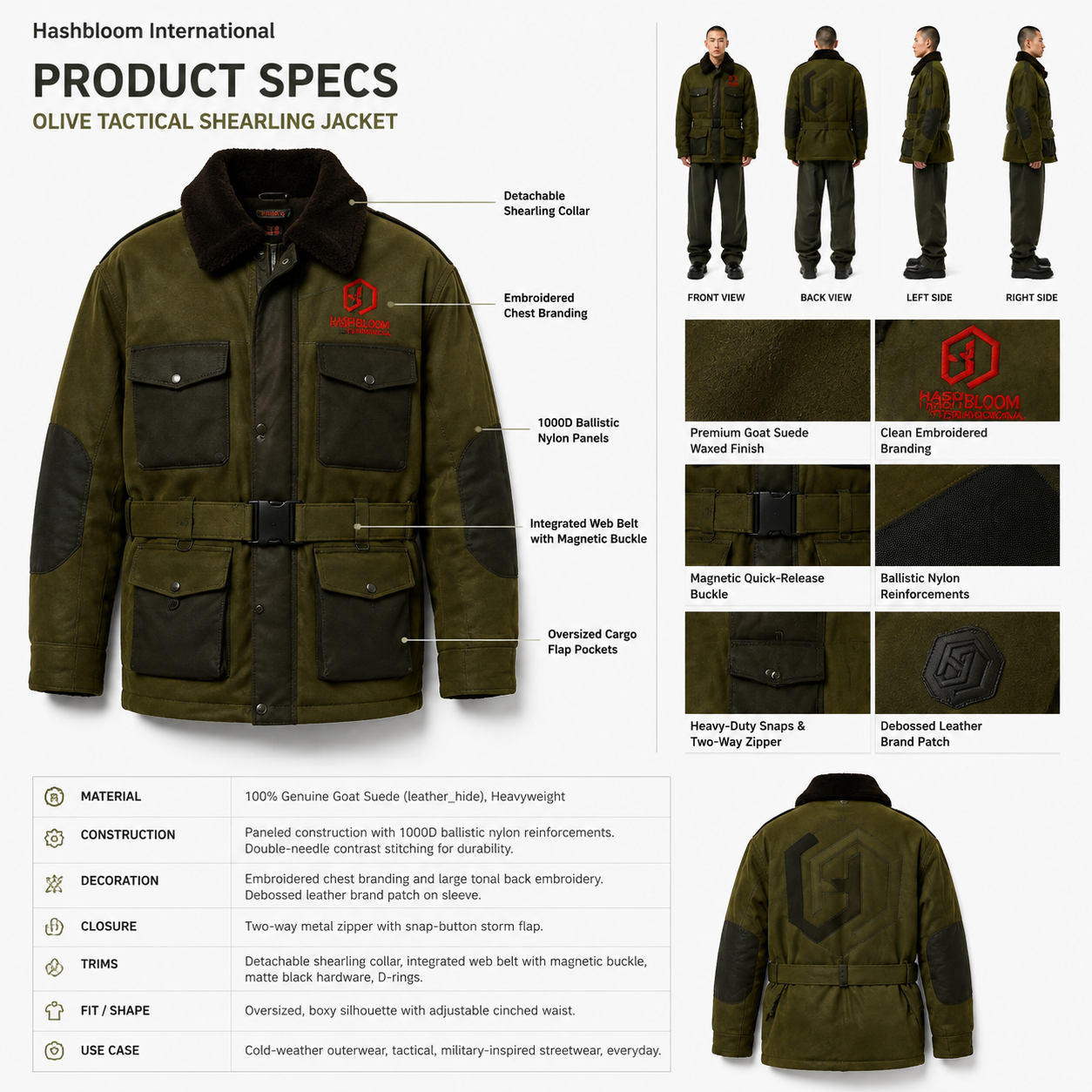 Men's Olive Goat Suede Shearling Tactical Field Jacket manufacturing detail 5