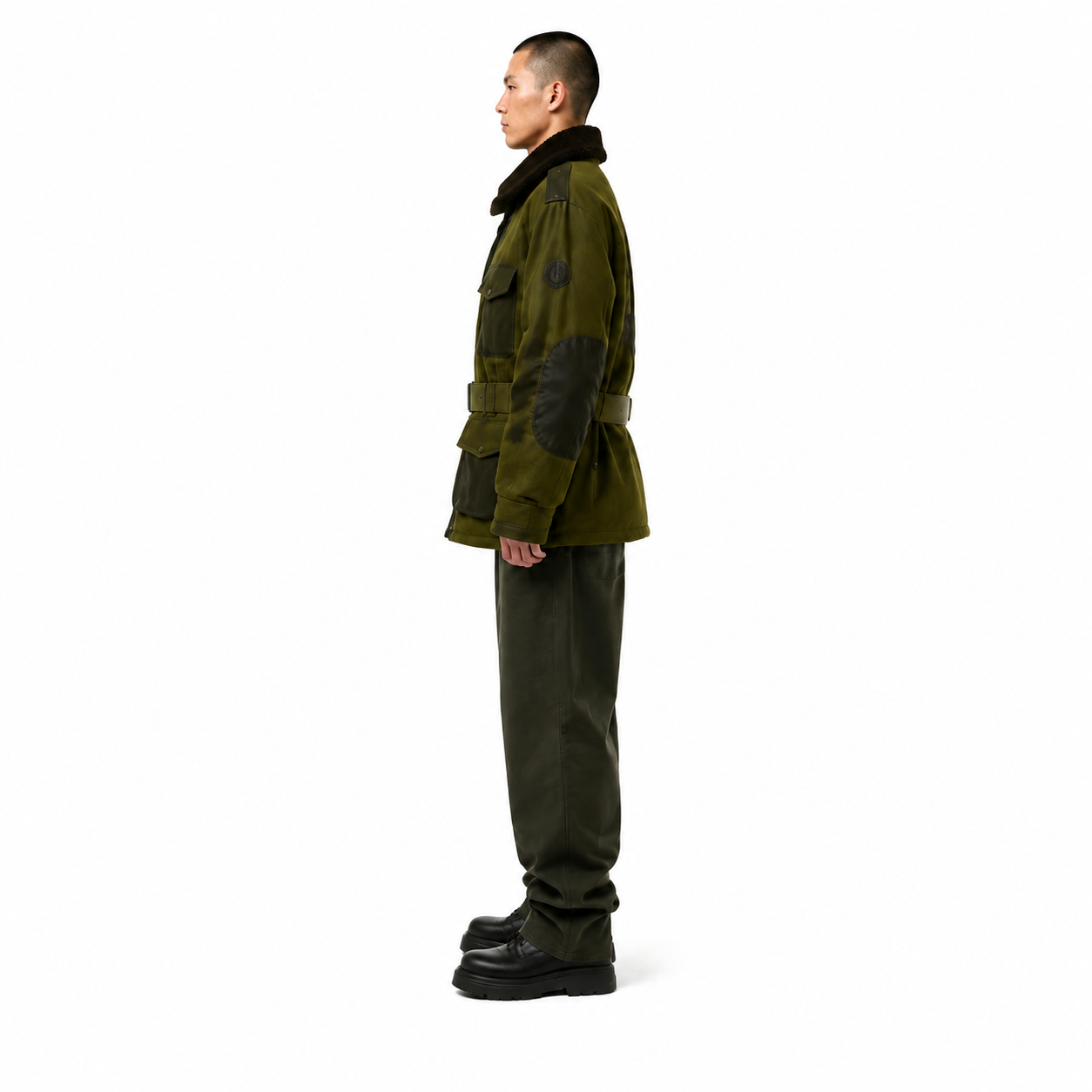 Men's Olive Goat Suede Shearling Tactical Field Jacket manufacturing detail 3