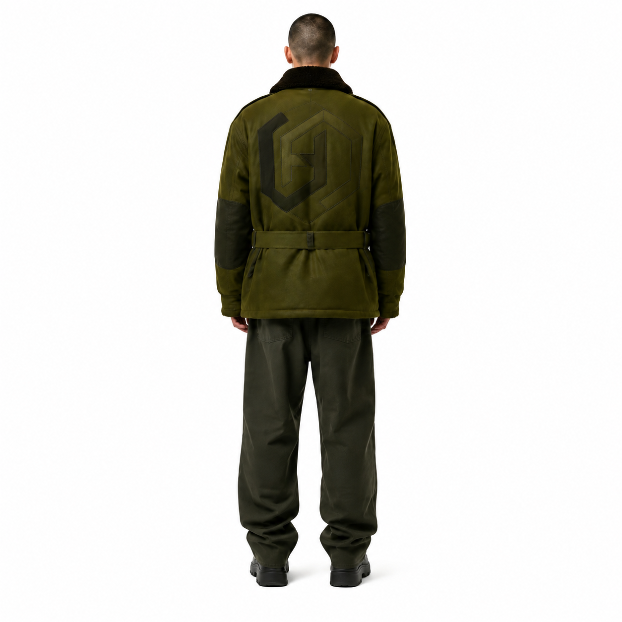 Men's Olive Goat Suede Shearling Tactical Field Jacket manufacturing detail 2