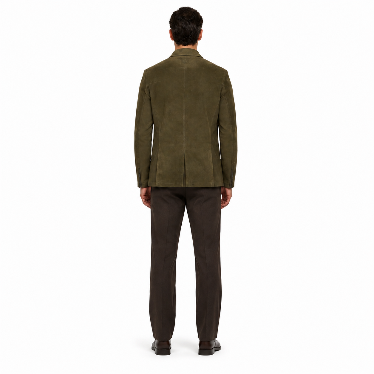 Men's Olive Lambskin Suede Tailored Leather Blazer manufacturing detail 2