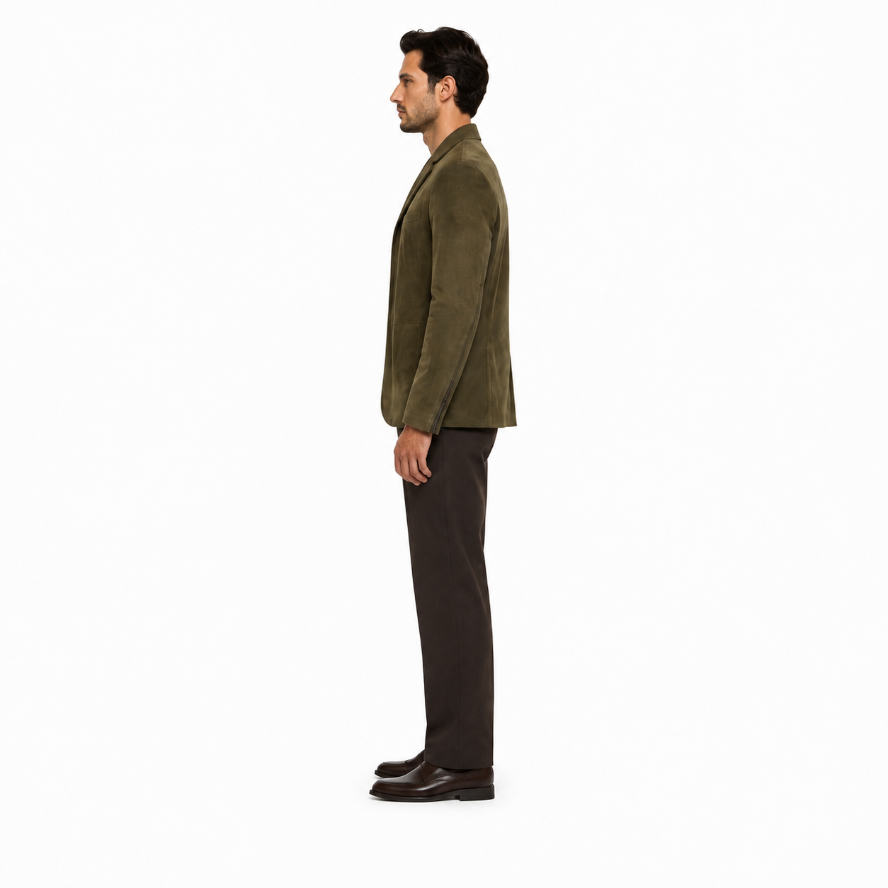 Men's Olive Lambskin Suede Tailored Leather Blazer manufacturing detail 3