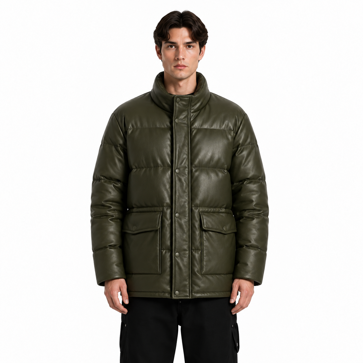 Men's Olive Sheep Leather Utility Puffer Jacket