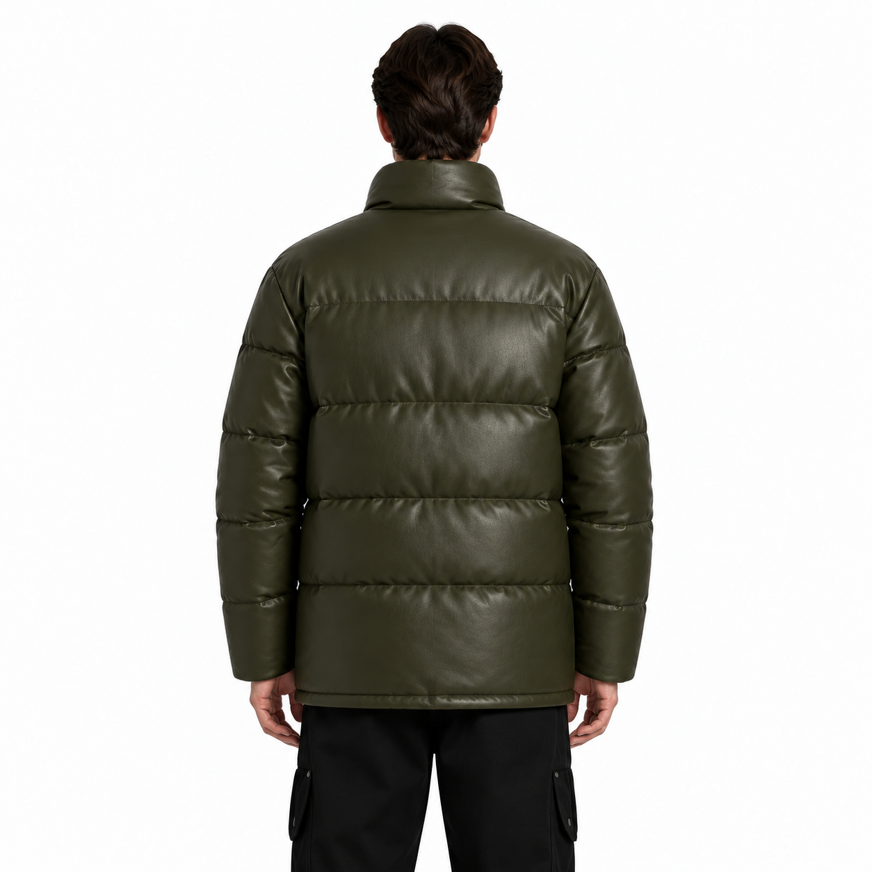 Men's Olive Sheep Leather Utility Puffer Jacket manufacturing detail 2