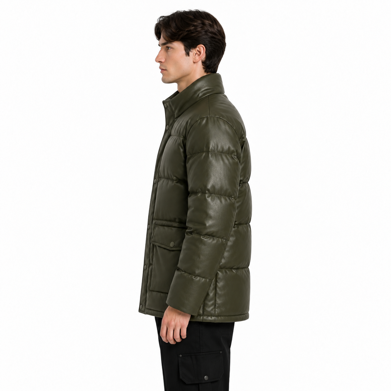 Men's Olive Sheep Leather Utility Puffer Jacket manufacturing detail 3