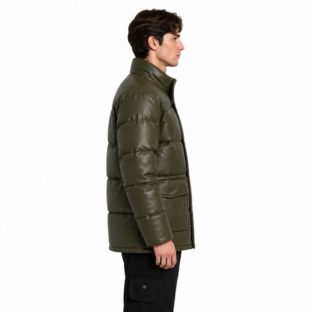Men's Olive Sheep Leather Utility Puffer Jacket manufacturing detail 4