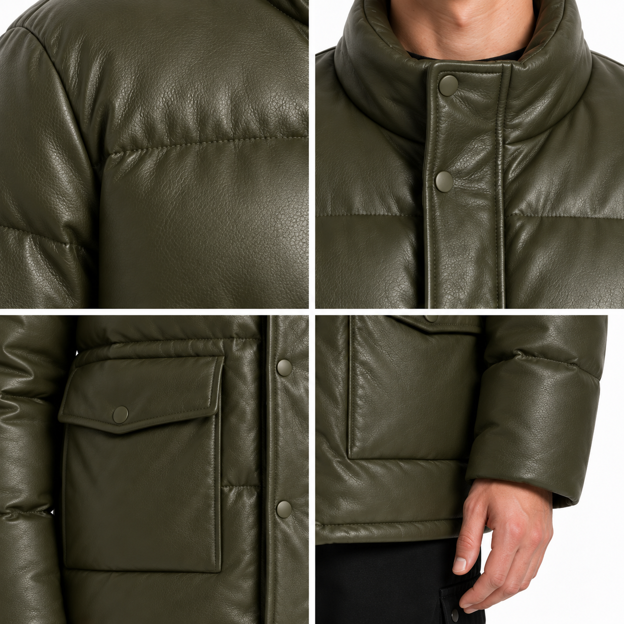 Men's Olive Sheep Leather Utility Puffer Jacket manufacturing detail 5