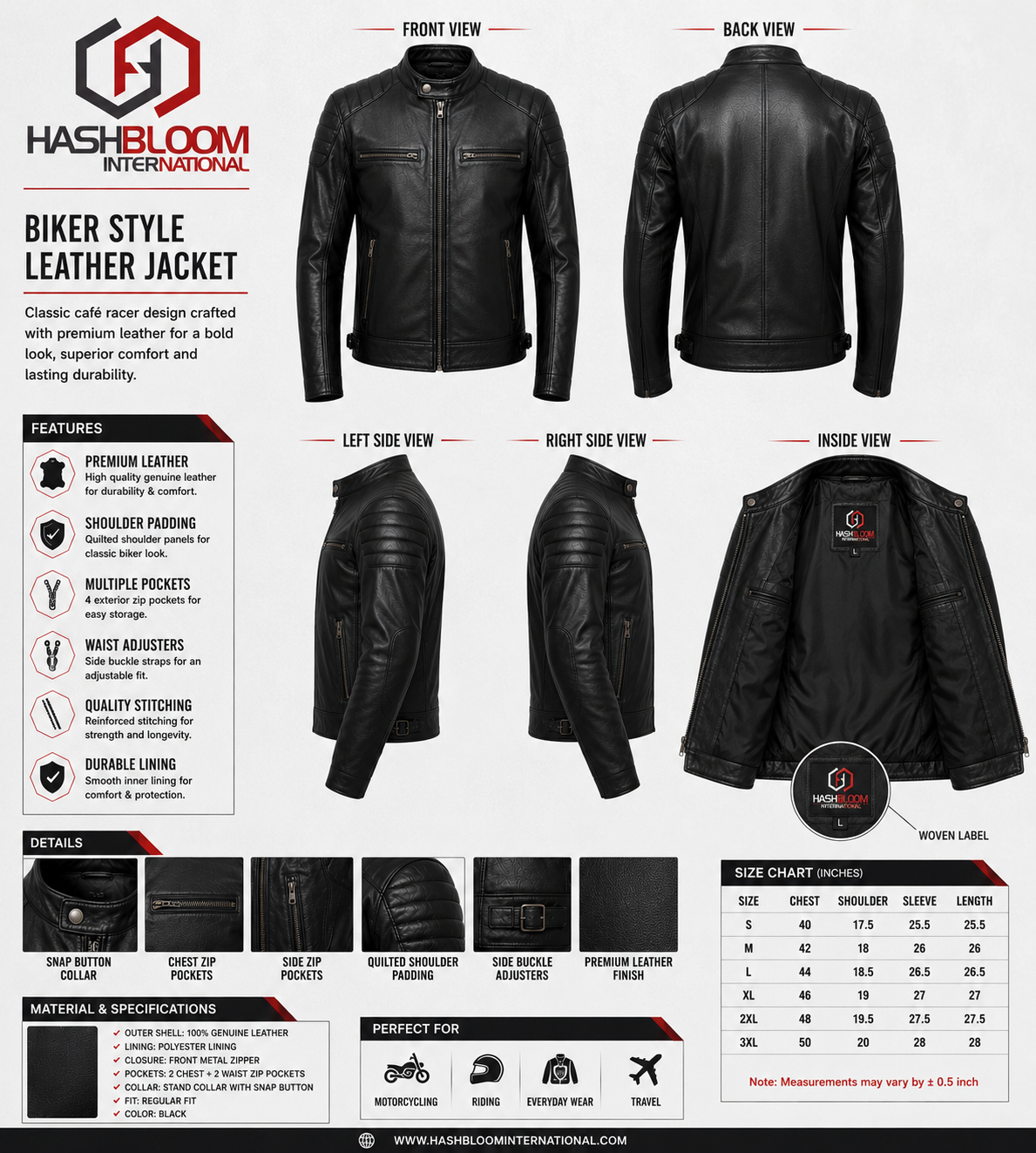 Men's Quilted Shoulder Biker Leather Jacket manufacturing detail 6