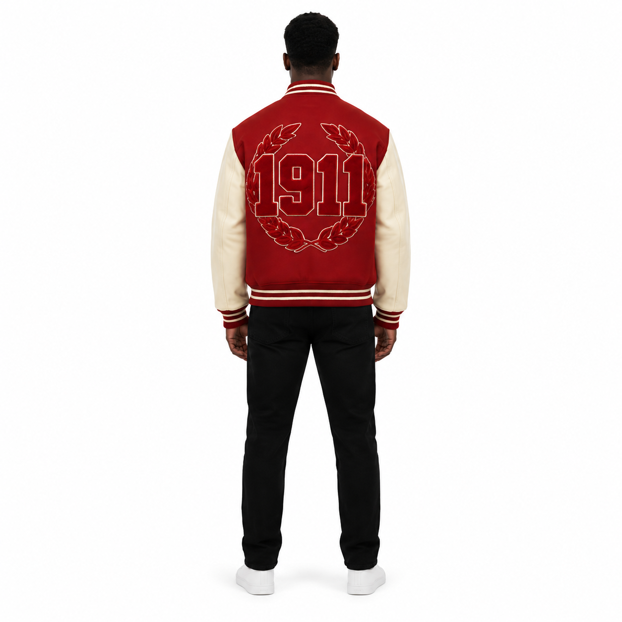 Men's Red 1911 Wool and Faux Leather Varsity Jacket manufacturing detail 2