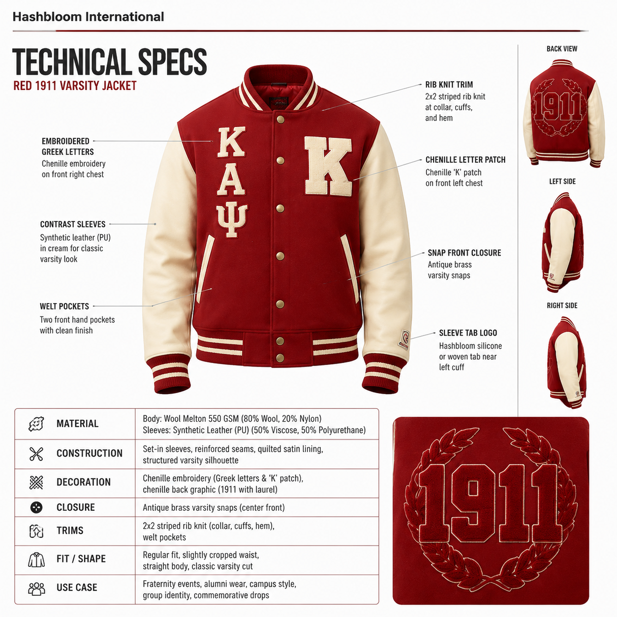 Men's Red 1911 Wool and Faux Leather Varsity Jacket manufacturing detail 5
