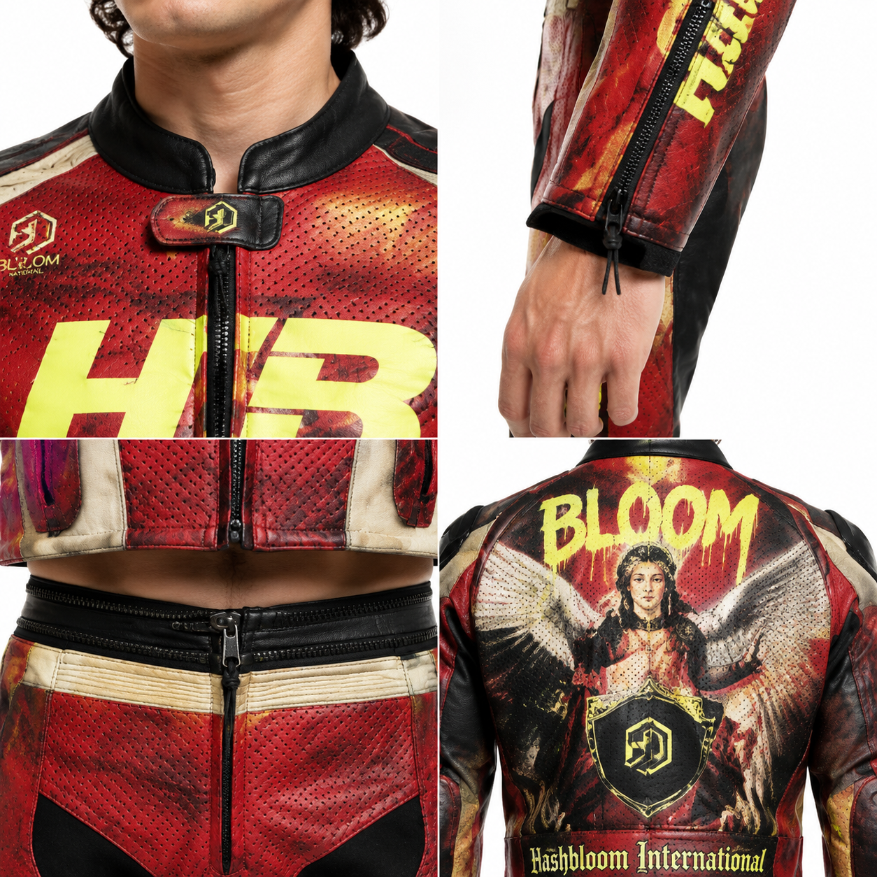 Men's Red Graphic Cowhide Two-Piece Motorcycle Racing Suit manufacturing detail 4