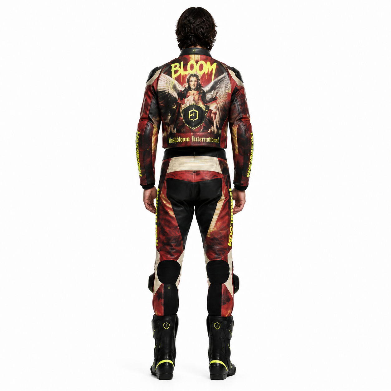 Men's Red Graphic Cowhide Two-Piece Motorcycle Racing Suit manufacturing detail 2