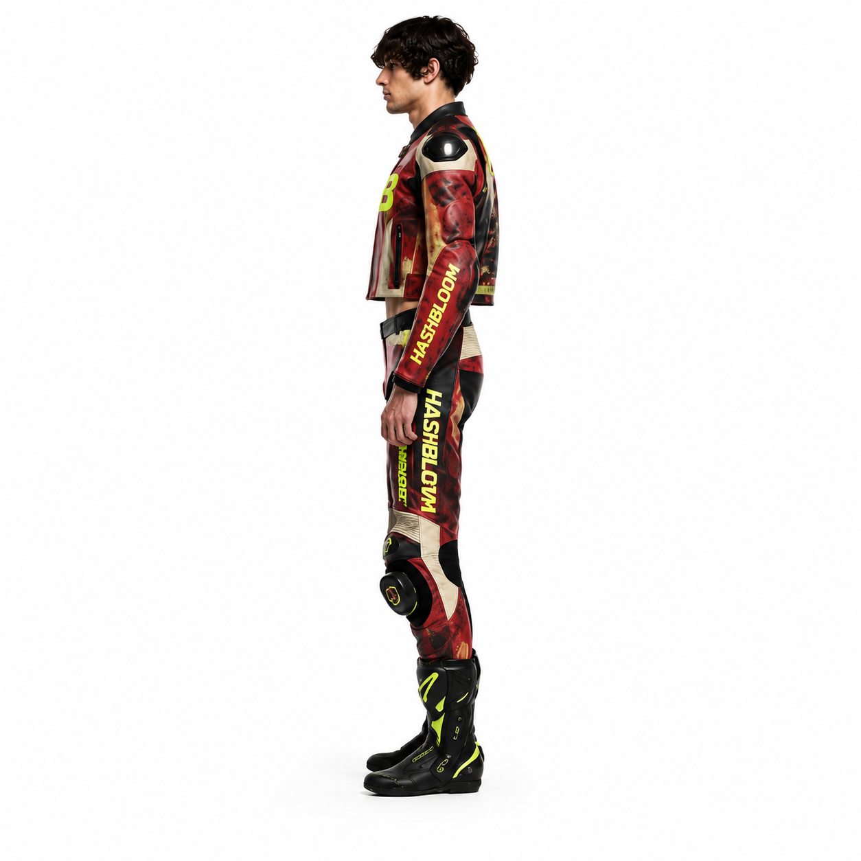Men's Red Graphic Cowhide Two-Piece Motorcycle Racing Suit manufacturing detail 3