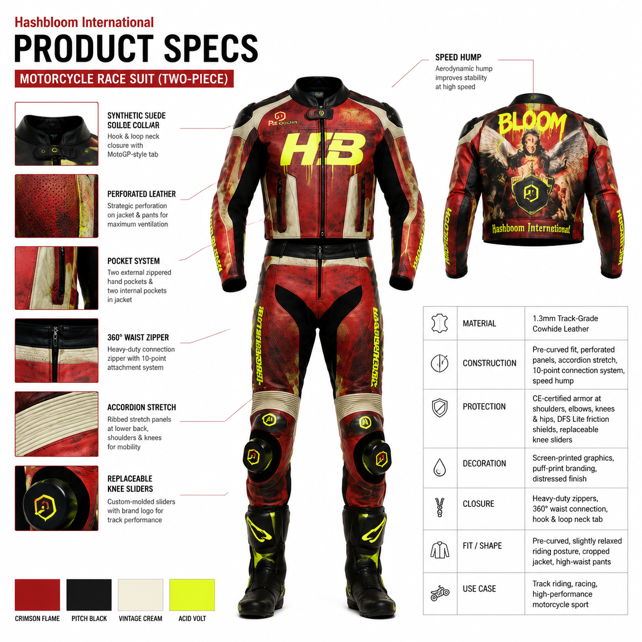 Men's Red Graphic Cowhide Two-Piece Motorcycle Racing Suit manufacturing detail 5