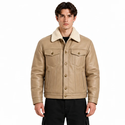 Men's Sand Fleece-Collar Leather Winter Trucker Jacket - Custom Leather Manufacturer Sialkot Pakistan